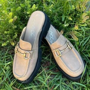 Chunky heeled slide on taupe loafers mules with buckle detail